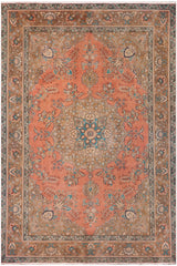 Distressed Antique Kashan Cindy Peach/Brown Wool Rug - 7'10''X11'0''