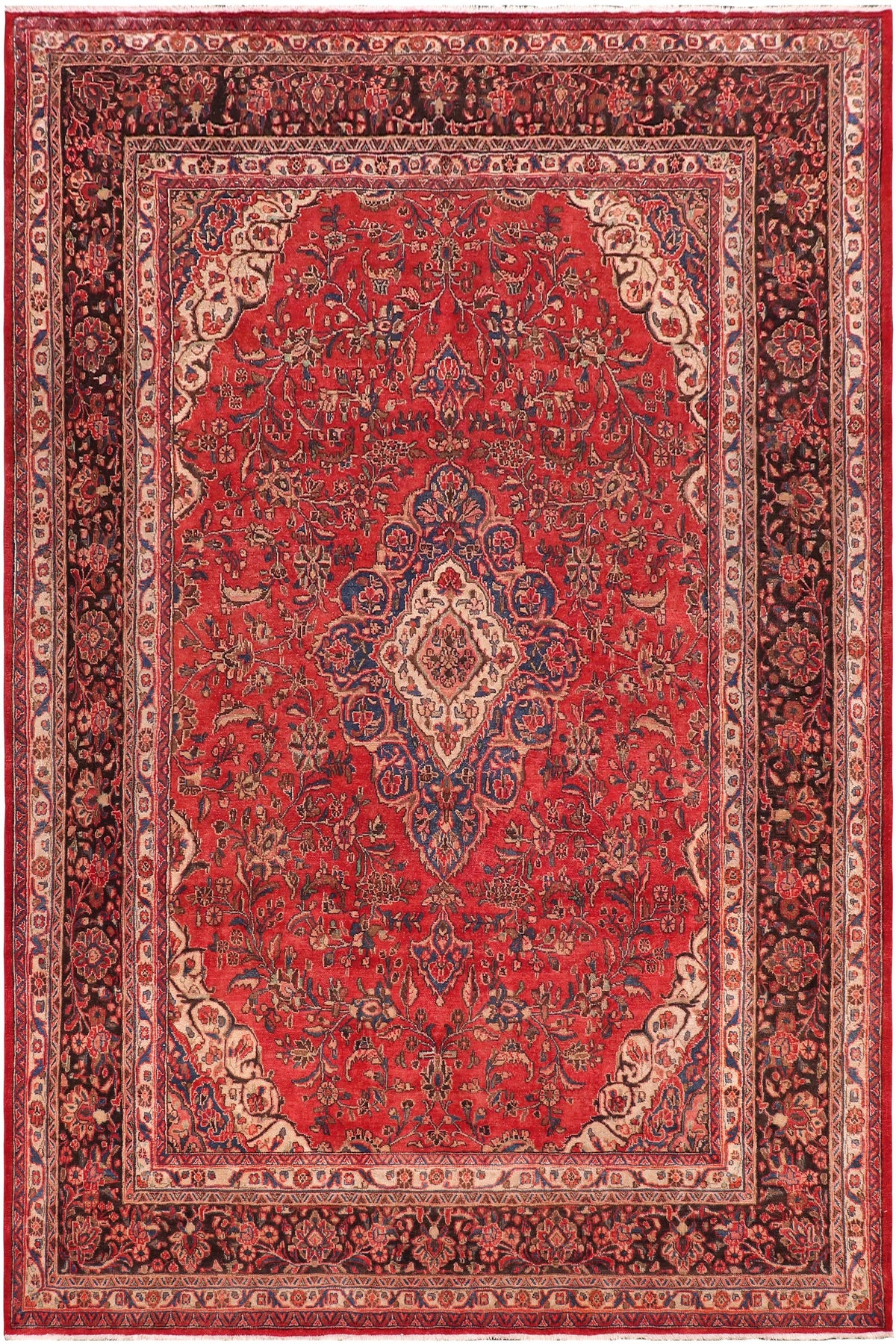 Distressed Antique Kashan Brogan Red/Brown Wool Rug - 9'0''X11'10''