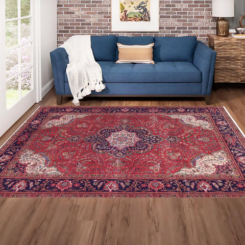 handmade Vintage Kashan Red Blue Hand Knotted RECTANGLE 100% WOOL area rug 7' x 10'