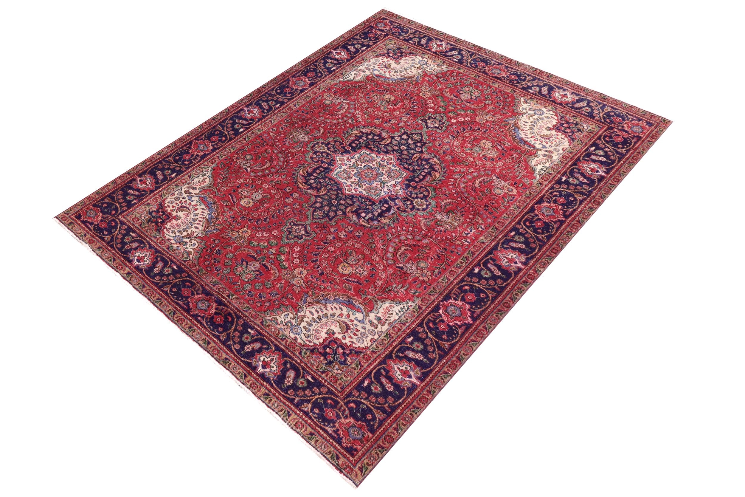 handmade Vintage Kashan Red Blue Hand Knotted RECTANGLE 100% WOOL area rug 7' x 10'