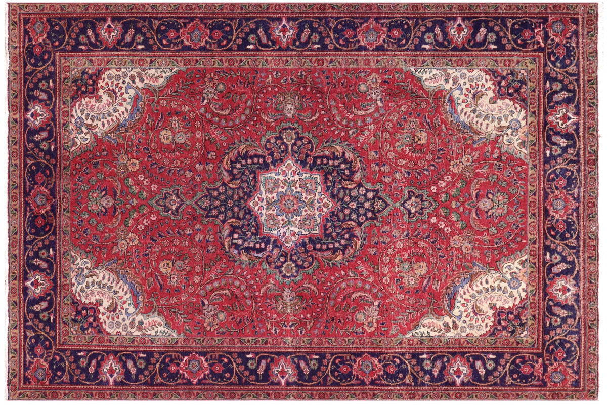 handmade Vintage Kashan Red Blue Hand Knotted RECTANGLE 100% WOOL area rug 7' x 10'