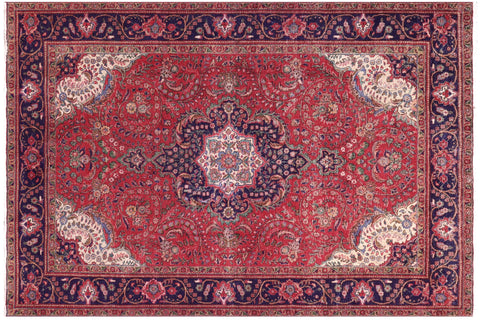 handmade Vintage Kashan Red Blue Hand Knotted RECTANGLE 100% WOOL area rug 7' x 10'