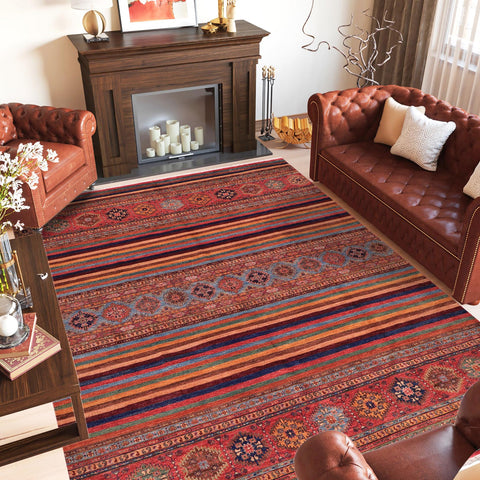 handmade Geometric Kurjean Red Blue Hand Knotted RECTANGLE 100% WOOL area rug 9x12