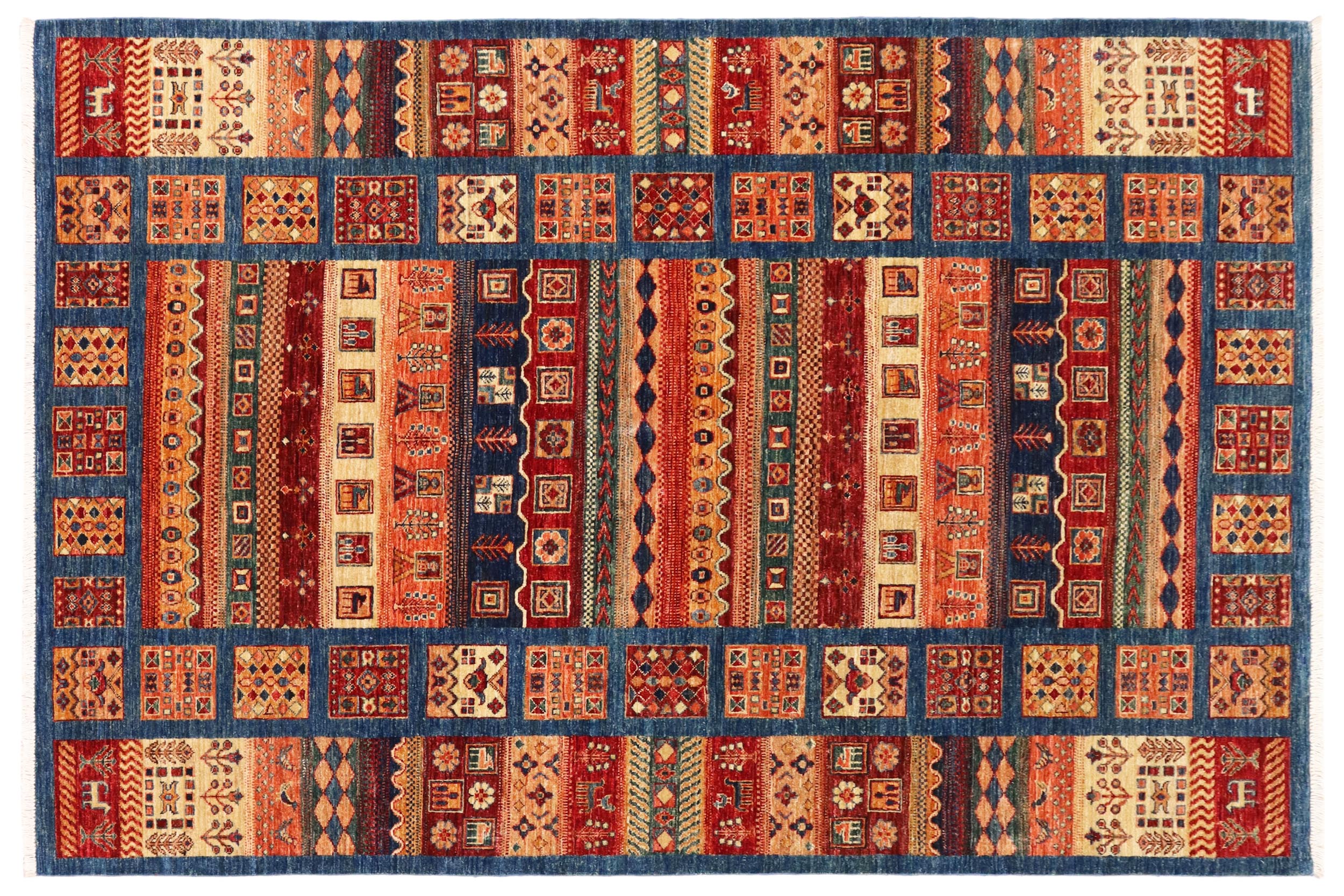 handmade Geometric Kurjean Blue Red Hand Knotted RECTANGLE 100% WOOL area rug 6x7