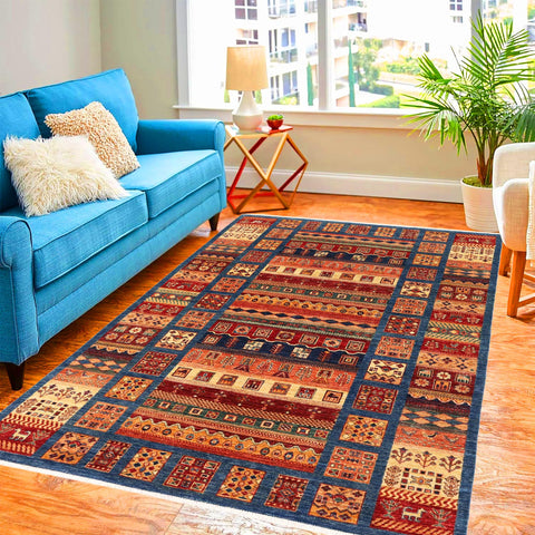 handmade Geometric Kurjean Blue Red Hand Knotted RECTANGLE 100% WOOL area rug 6x7