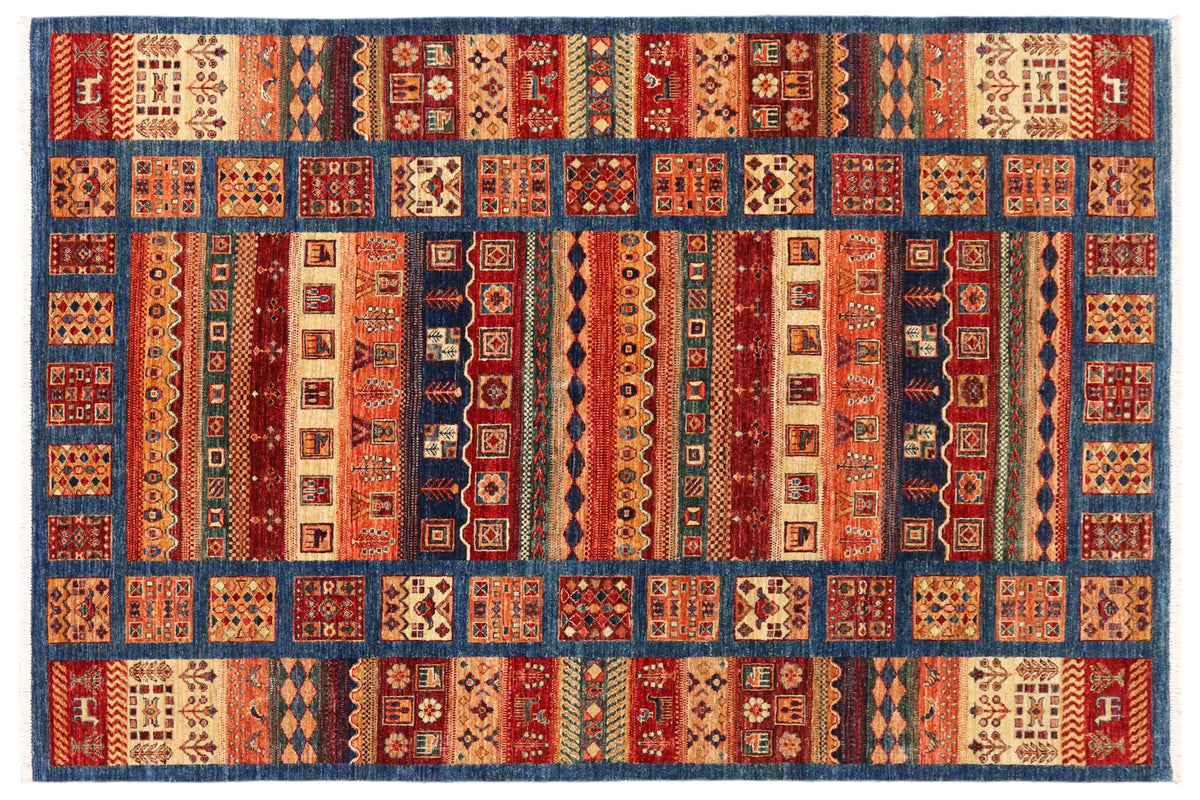 handmade Geometric Kurjean Blue Red Hand Knotted RECTANGLE 100% WOOL area rug 6x7