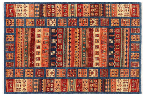 handmade Geometric Kurjean Blue Red Hand Knotted RECTANGLE 100% WOOL area rug 6x7