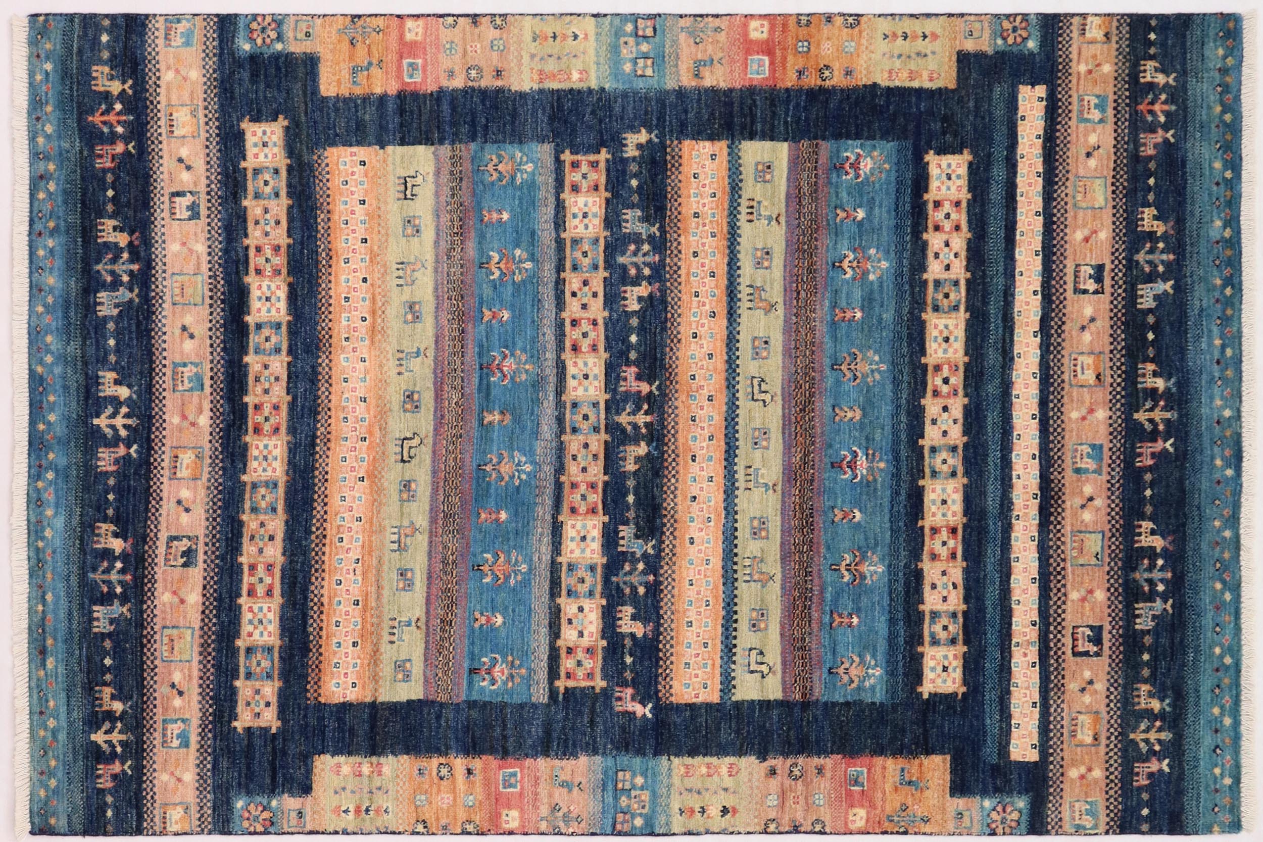handmade Geometric Kurjean Blue Beige Hand Knotted RECTANGLE 100% WOOL area rug 4x6