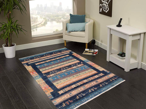 handmade Geometric Kurjean Blue Beige Hand Knotted RECTANGLE 100% WOOL area rug 4x6