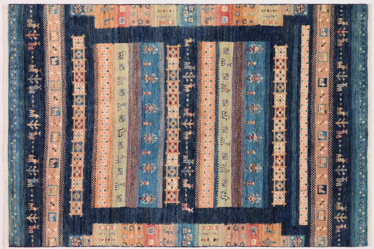 handmade Geometric Kurjean Blue Beige Hand Knotted RECTANGLE 100% WOOL area rug 4x6