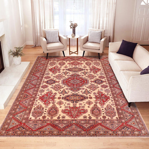 handmade Geometric Super Kazak Ivory Red Hand Knotted RECTANGLE 100% WOOL area rug 9' x 12'