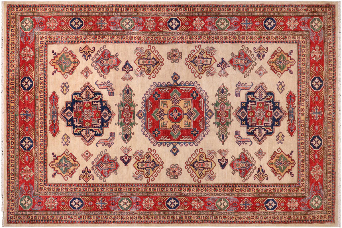 handmade Geometric Super Kazak Ivory Red Hand Knotted RECTANGLE 100% WOOL area rug 9' x 12'