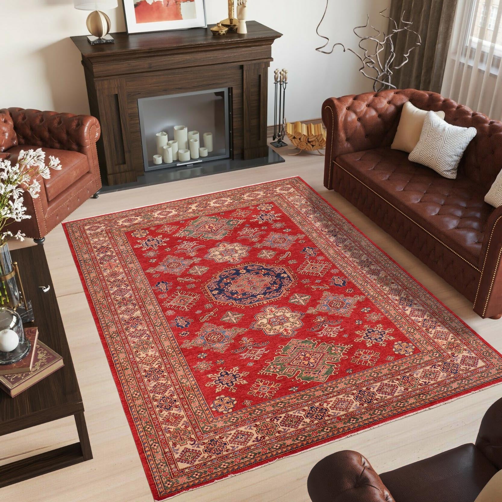 handmade Geometric Super Kazak Red Beige Hand Knotted RECTANGLE 100% WOOL area rug 9' x 12'