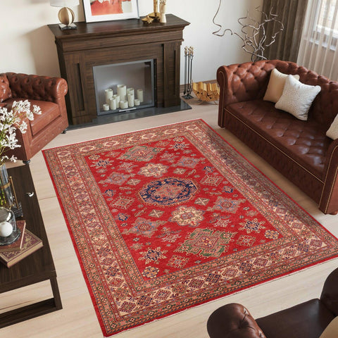 handmade Geometric Super Kazak Red Beige Hand Knotted RECTANGLE 100% WOOL area rug 9' x 12'
