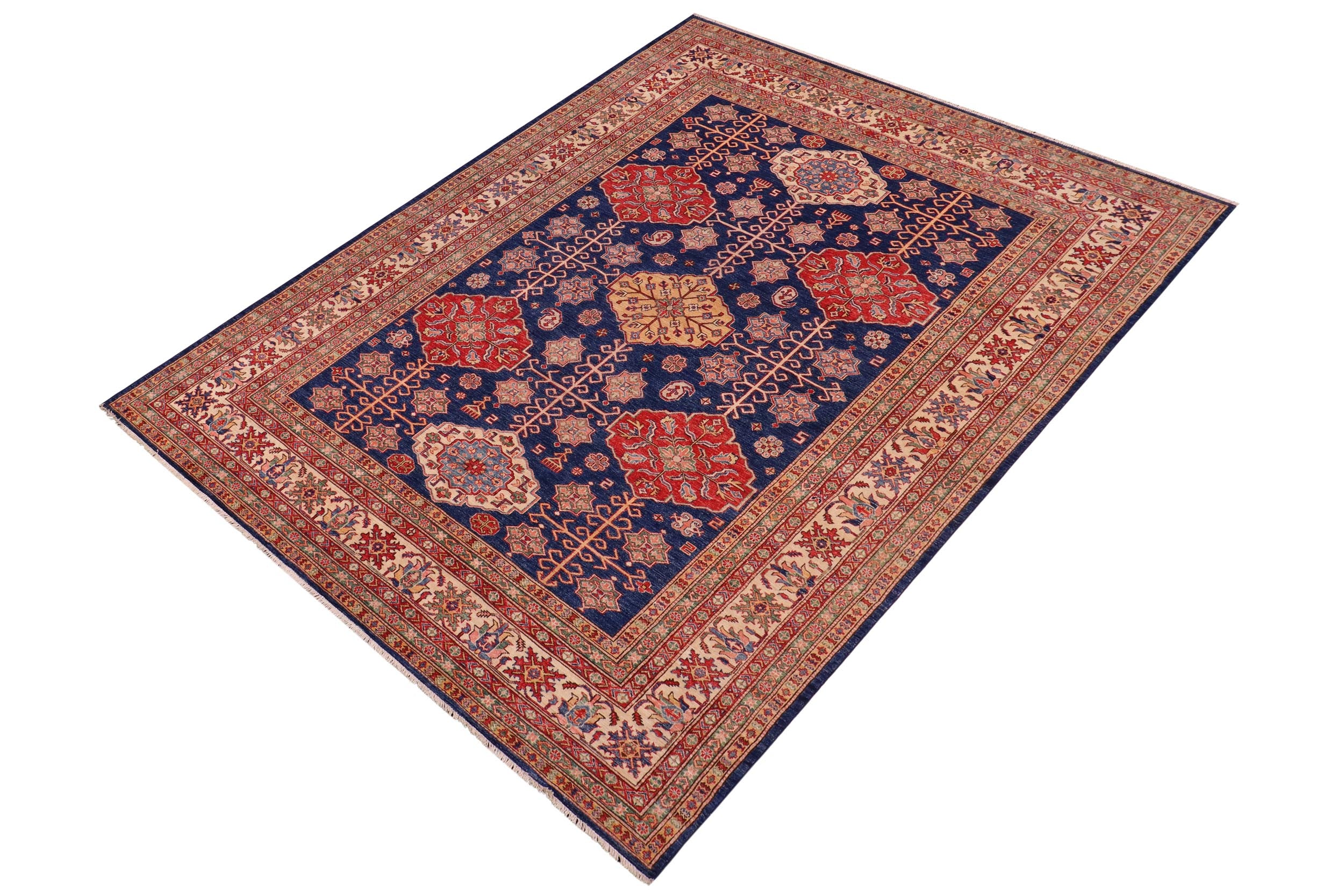 handmade Geometric Super Kazak Blue Beige Hand Knotted RECTANGLE 100% WOOL area rug 8' x 10'