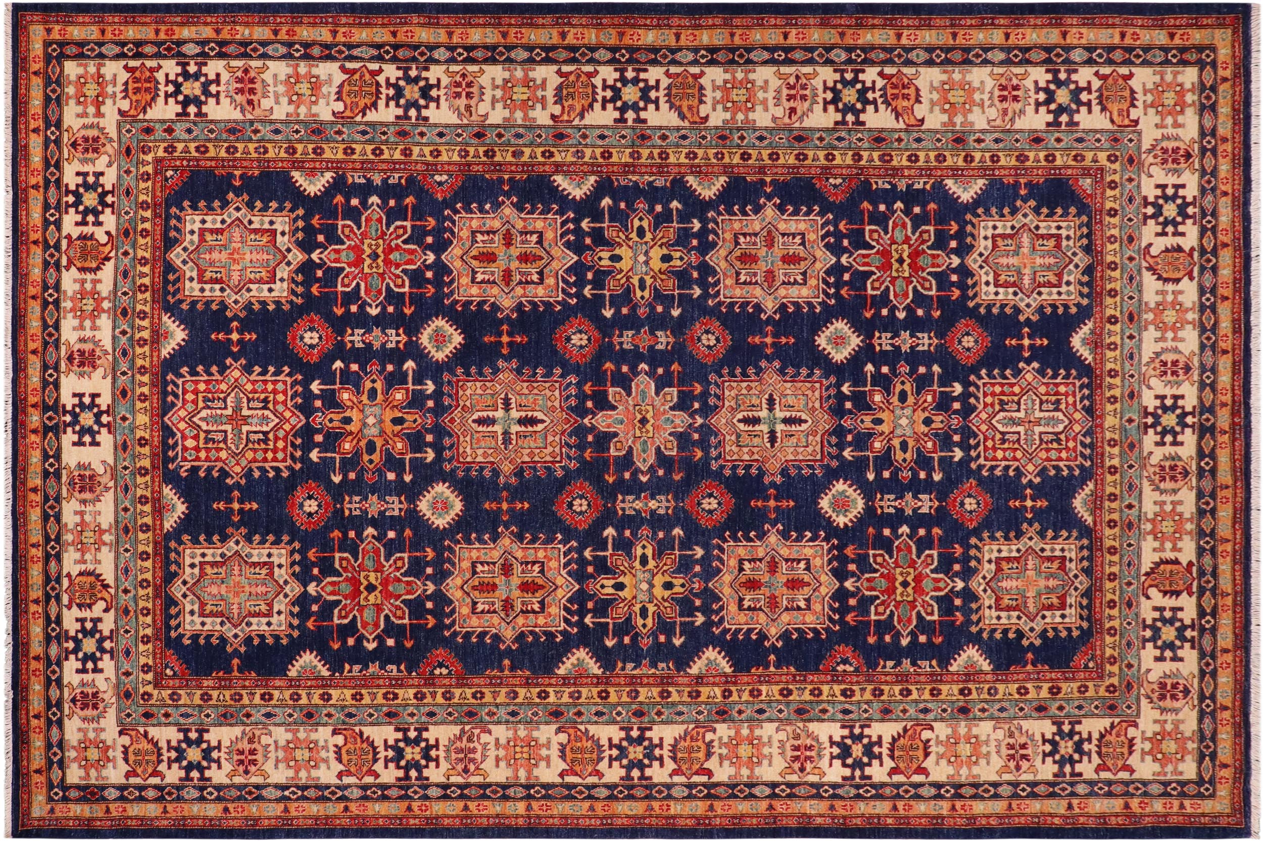 handmade Geometric Super Kazak Blue Beige Hand Knotted RECTANGLE 100% WOOL area rug 8' x 10'