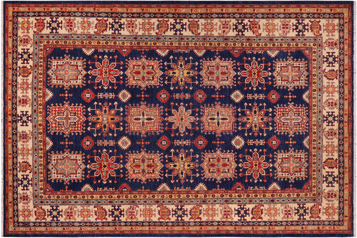 handmade Geometric Super Kazak Blue Beige Hand Knotted RECTANGLE 100% WOOL area rug 8' x 10'