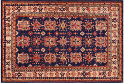 handmade Geometric Super Kazak Blue Beige Hand Knotted RECTANGLE 100% WOOL area rug 8' x 10'