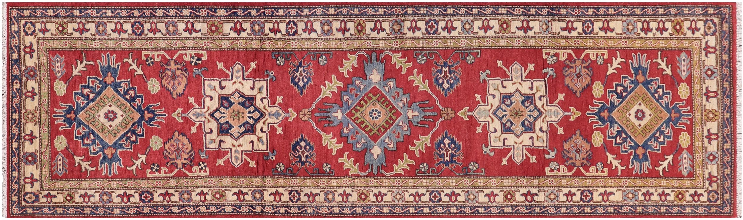 handmade Geometric Kazak Red Beige Hand Knotted RUNNER 100% WOOL area rug 3x10