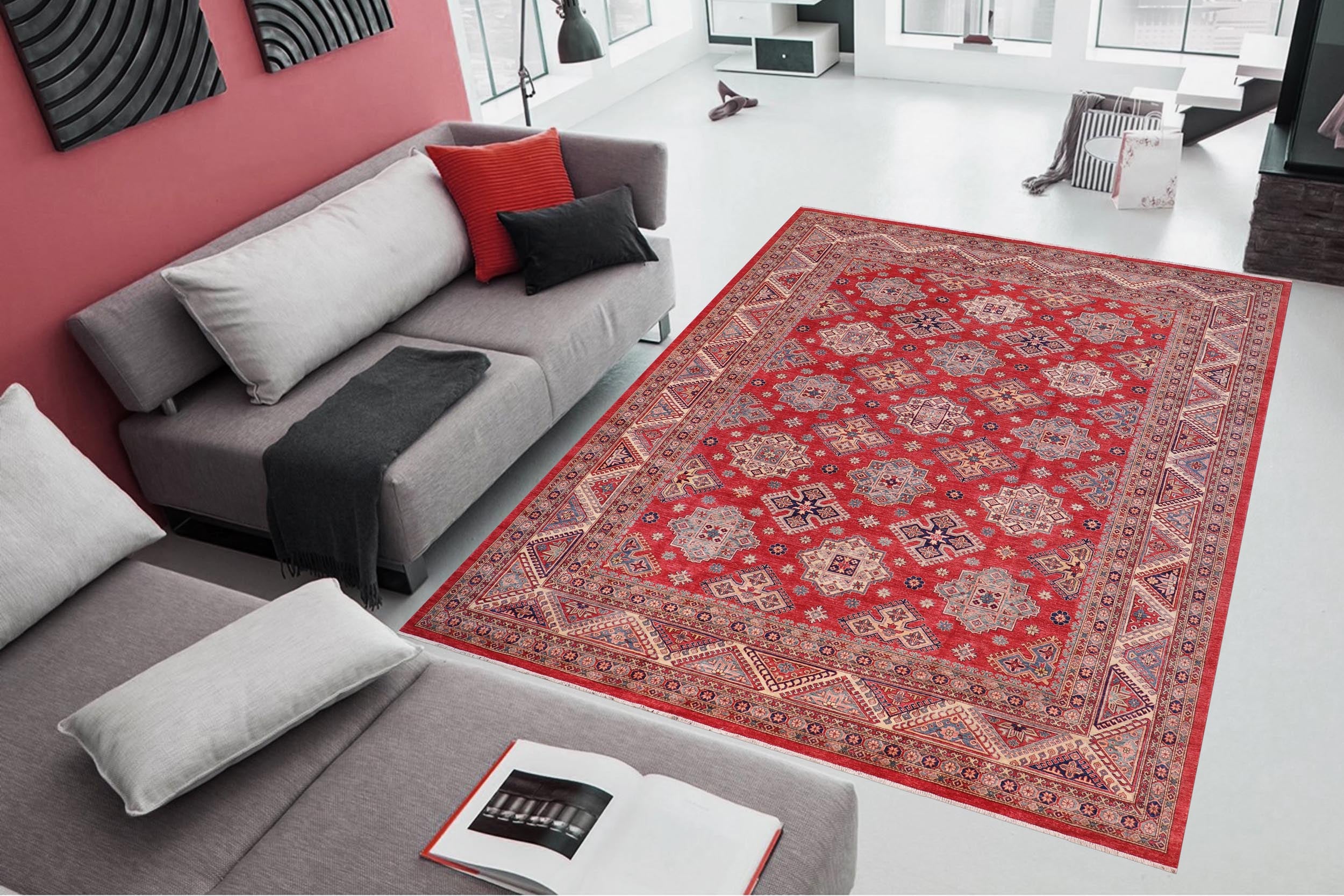 handmade Geometric Super Kazak Red Beige Hand Knotted RECTANGLE 100% WOOL area rug 12' x 15'