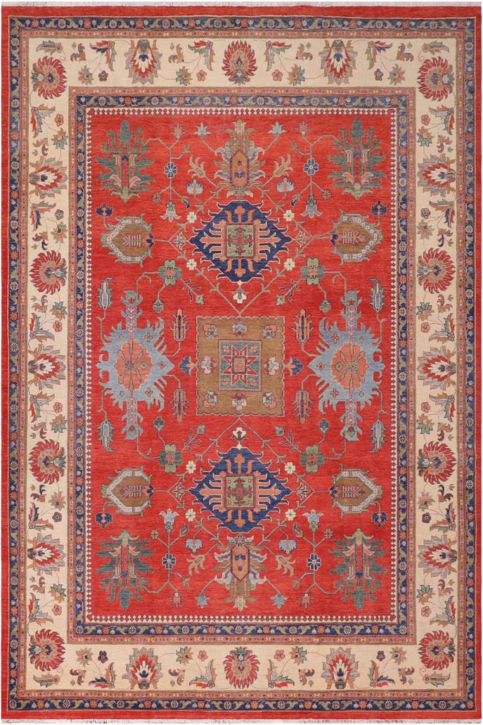 handmade Geometric Kazak Red Beige Hand Knotted RECTANGLE 100% WOOL area rug 10'X14'