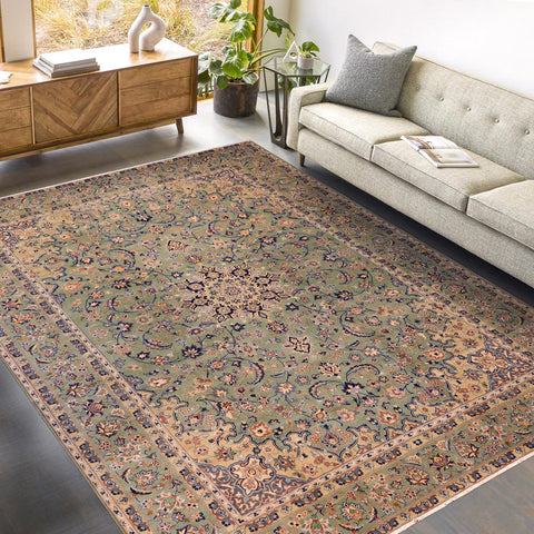 handmade Vintage Kashan Green Blue Hand Knotted RECTANGLE 100% WOOL area rug 10' x 13'