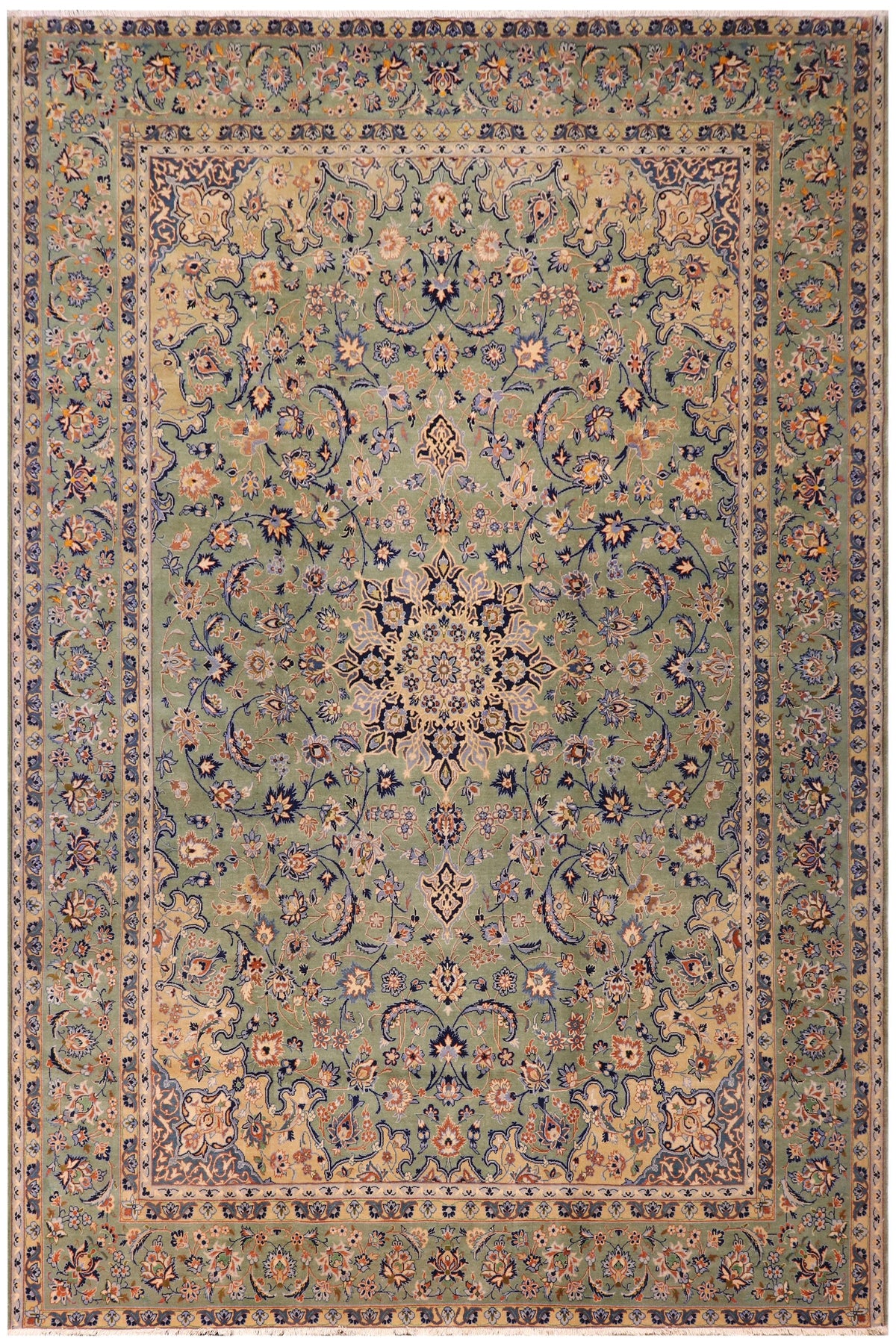 Distressed Antique Kashan Lindsay Green/Blue Wool Rug - 10'0''X13'5''
