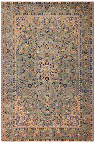 Distressed Antique Kashan Lindsay Green/Blue Wool Rug - 10'0''X13'5''