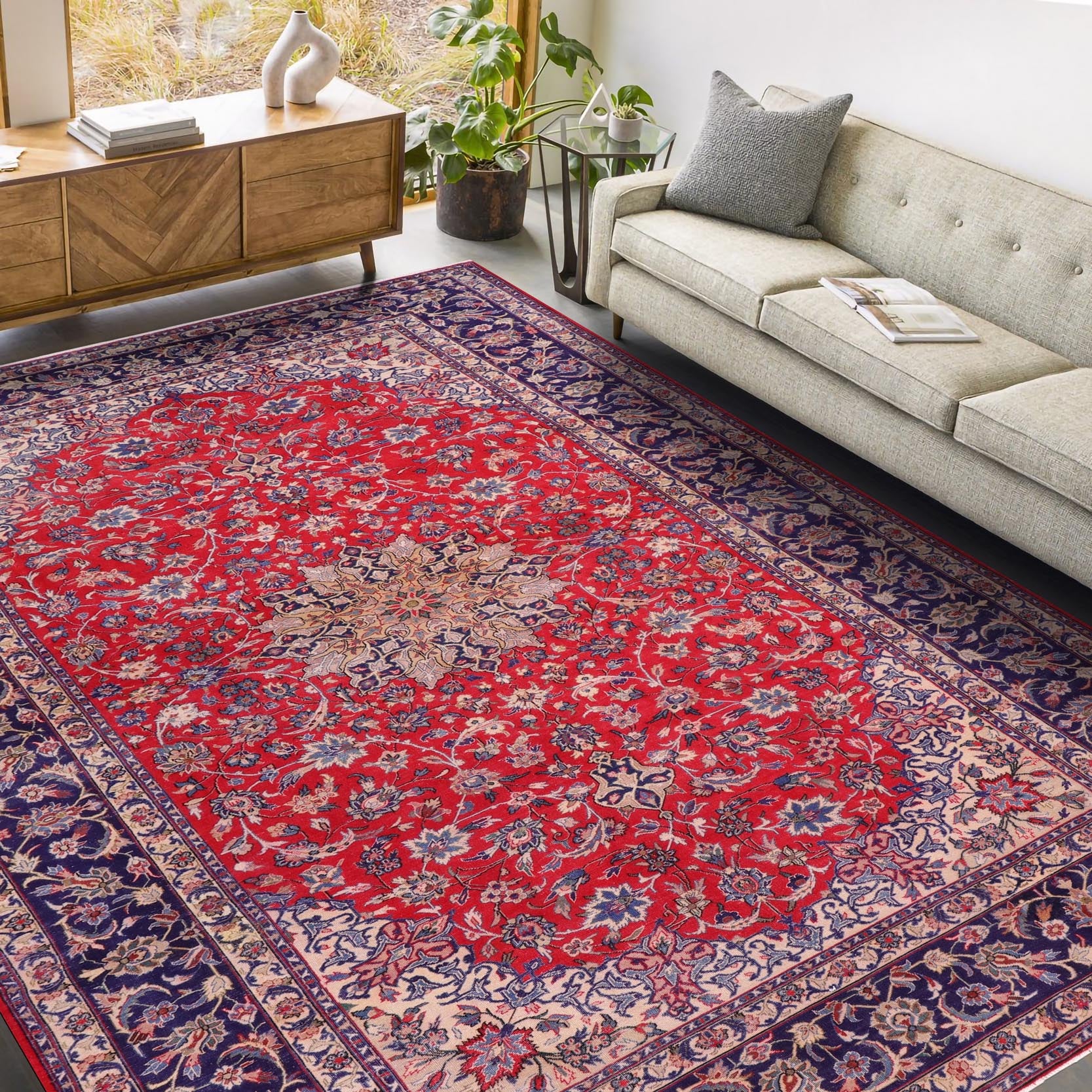 handmade Vintage Kashan Red Blue Hand Knotted RECTANGLE 100% WOOL area rug 10' x 16'