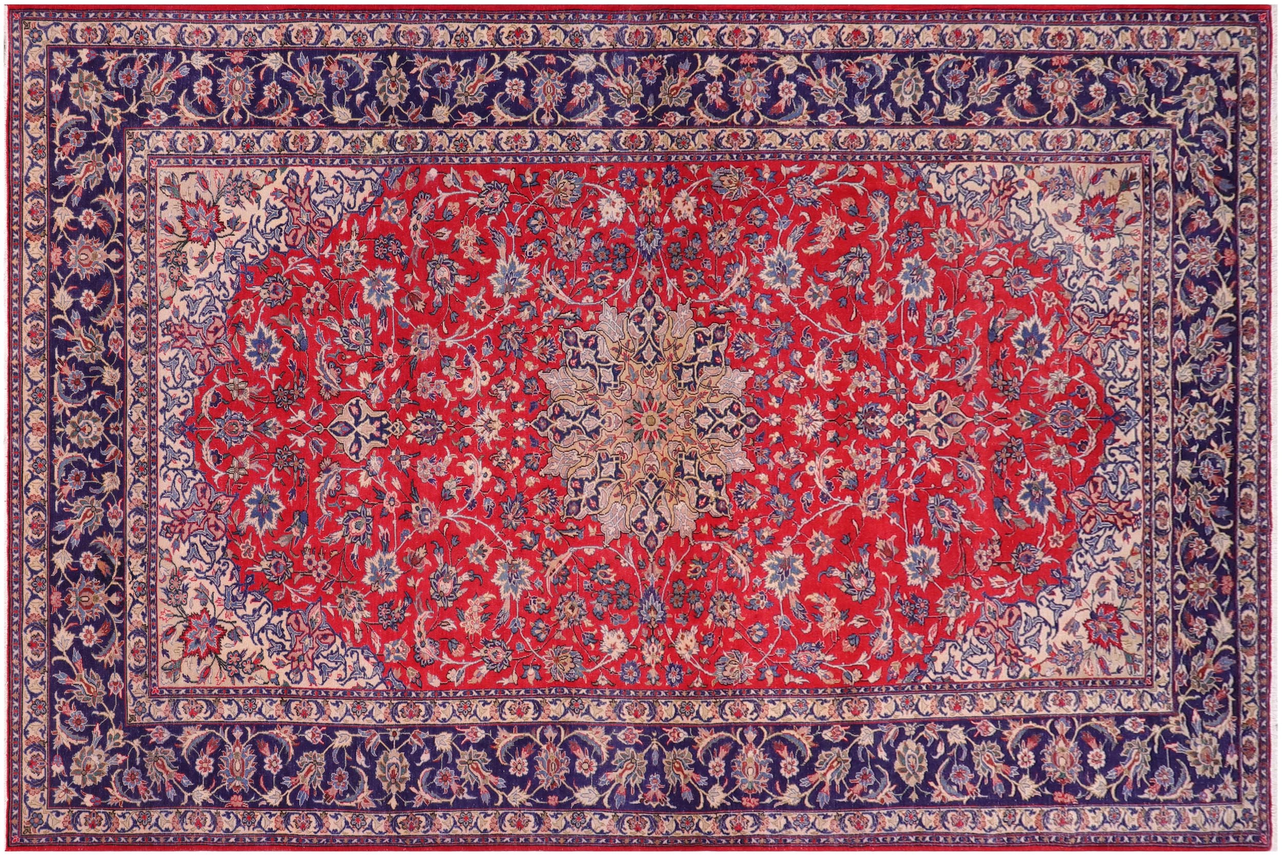 handmade Vintage Kashan Red Blue Hand Knotted RECTANGLE 100% WOOL area rug 10' x 16'