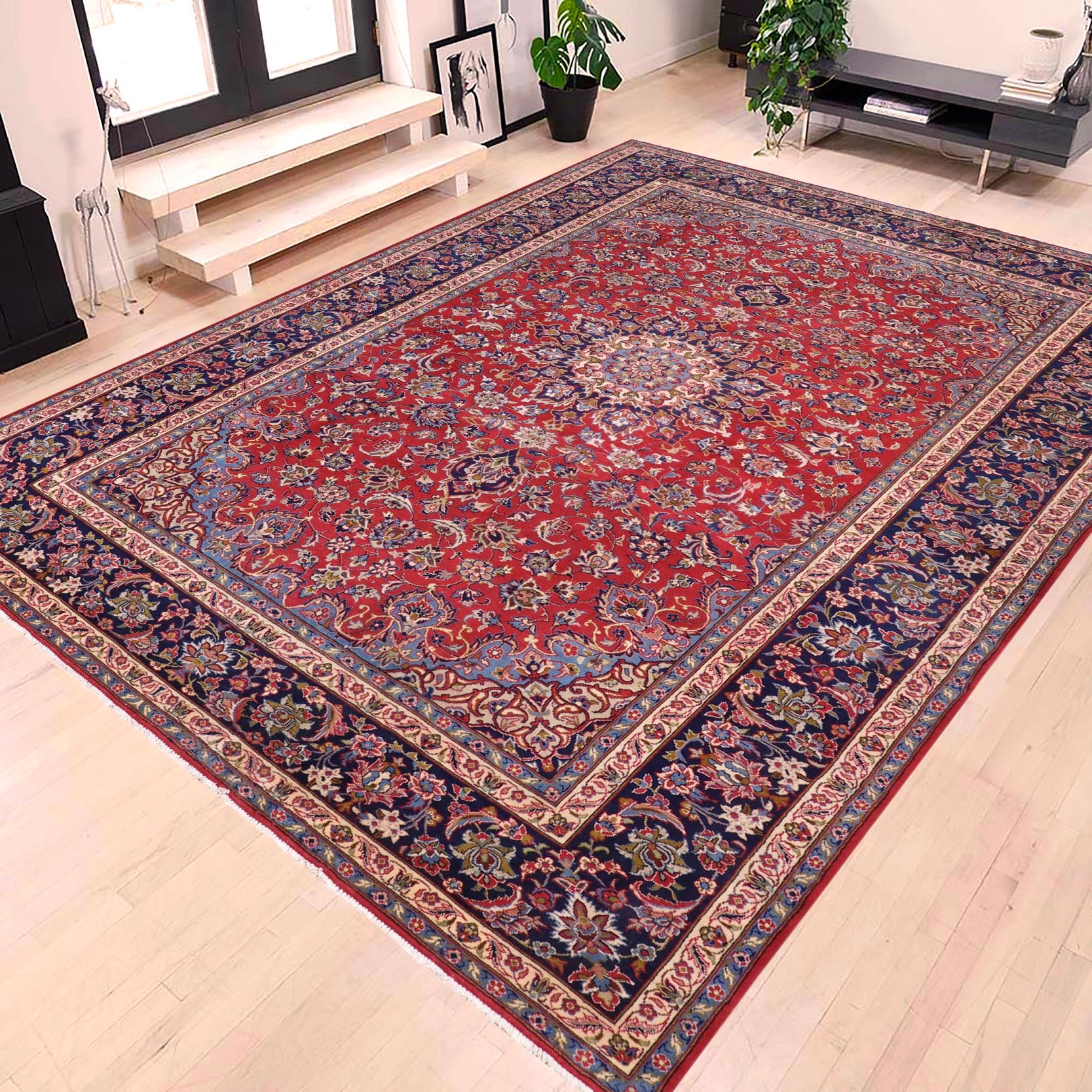 handmade Traditional Kashan Red Blue Hand Knotted RECTANGLE 100% WOOL area rug 10 x 14
