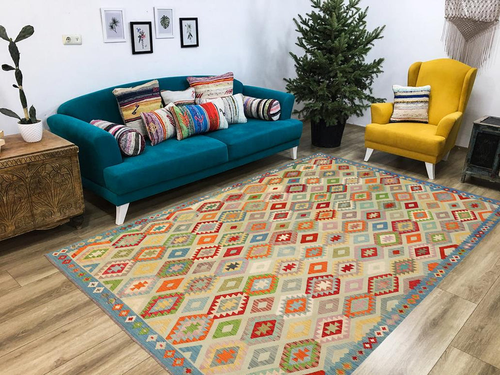 Flat Weave Kilim Antique Navaho Vintage handmade Geometric Kilim Rust Blue Hand-Woven Rectangle 100% Wool Area Rug 10x13 