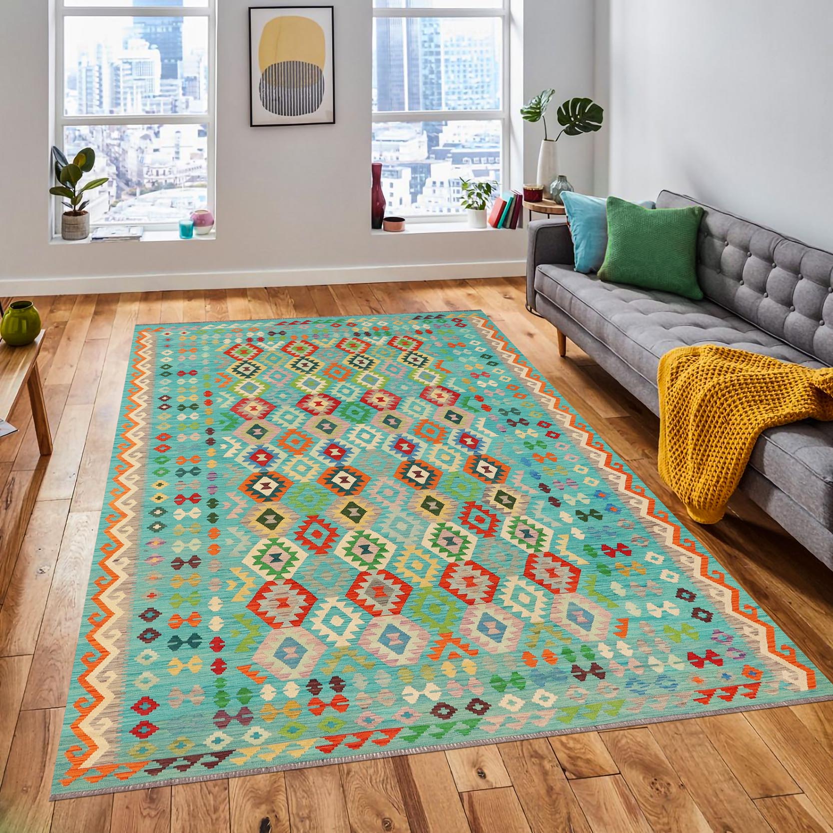 handmade Geometric Kilim Blue Red Hand-Woven RECTANGLE 100% WOOL area rug 9 x 12