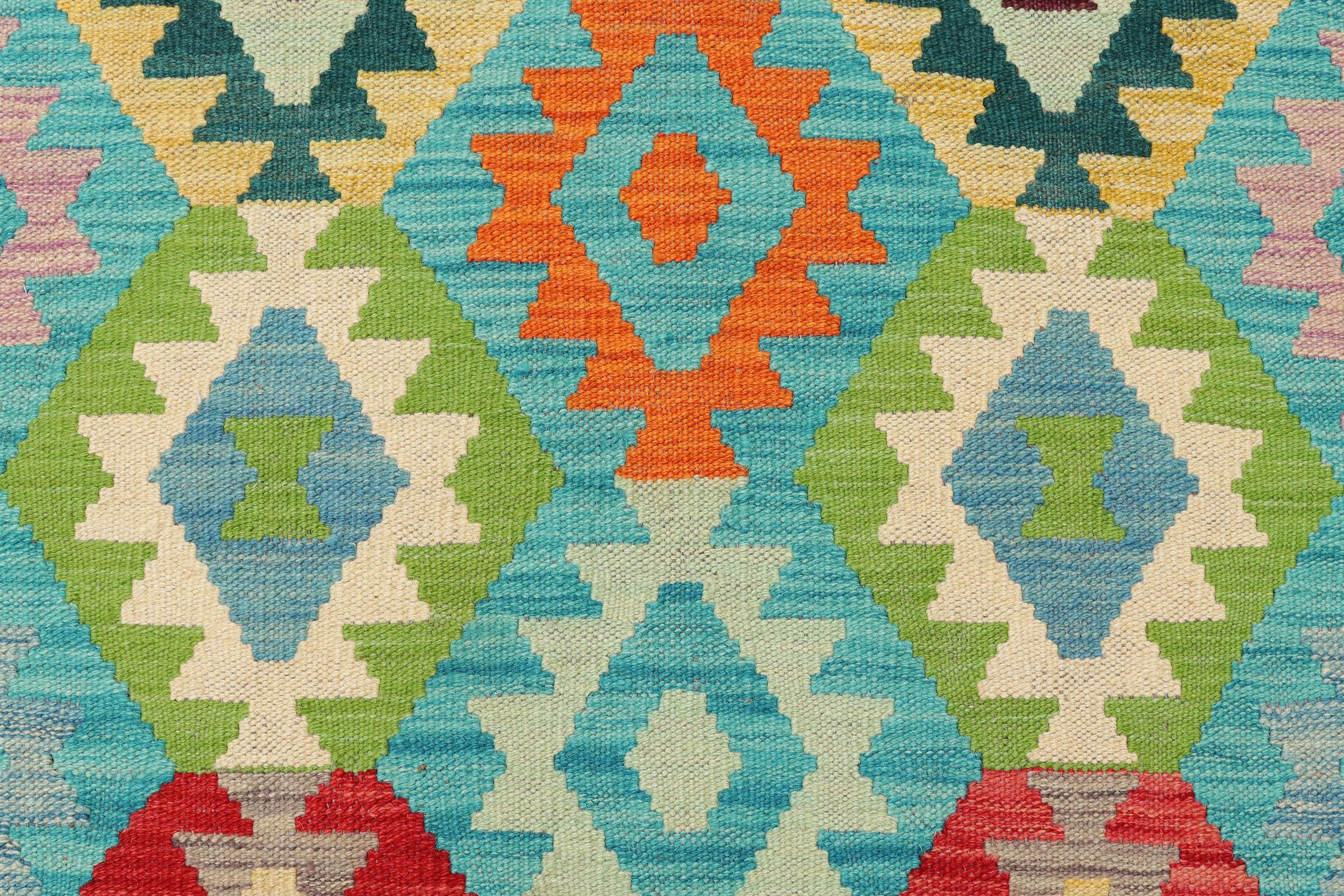 handmade Geometric Kilim Blue Red Hand-Woven RECTANGLE 100% WOOL area rug 9 x 12