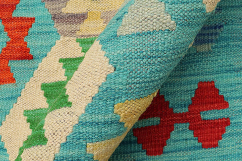 handmade Geometric Kilim Blue Red Hand-Woven RECTANGLE 100% WOOL area rug 9 x 12