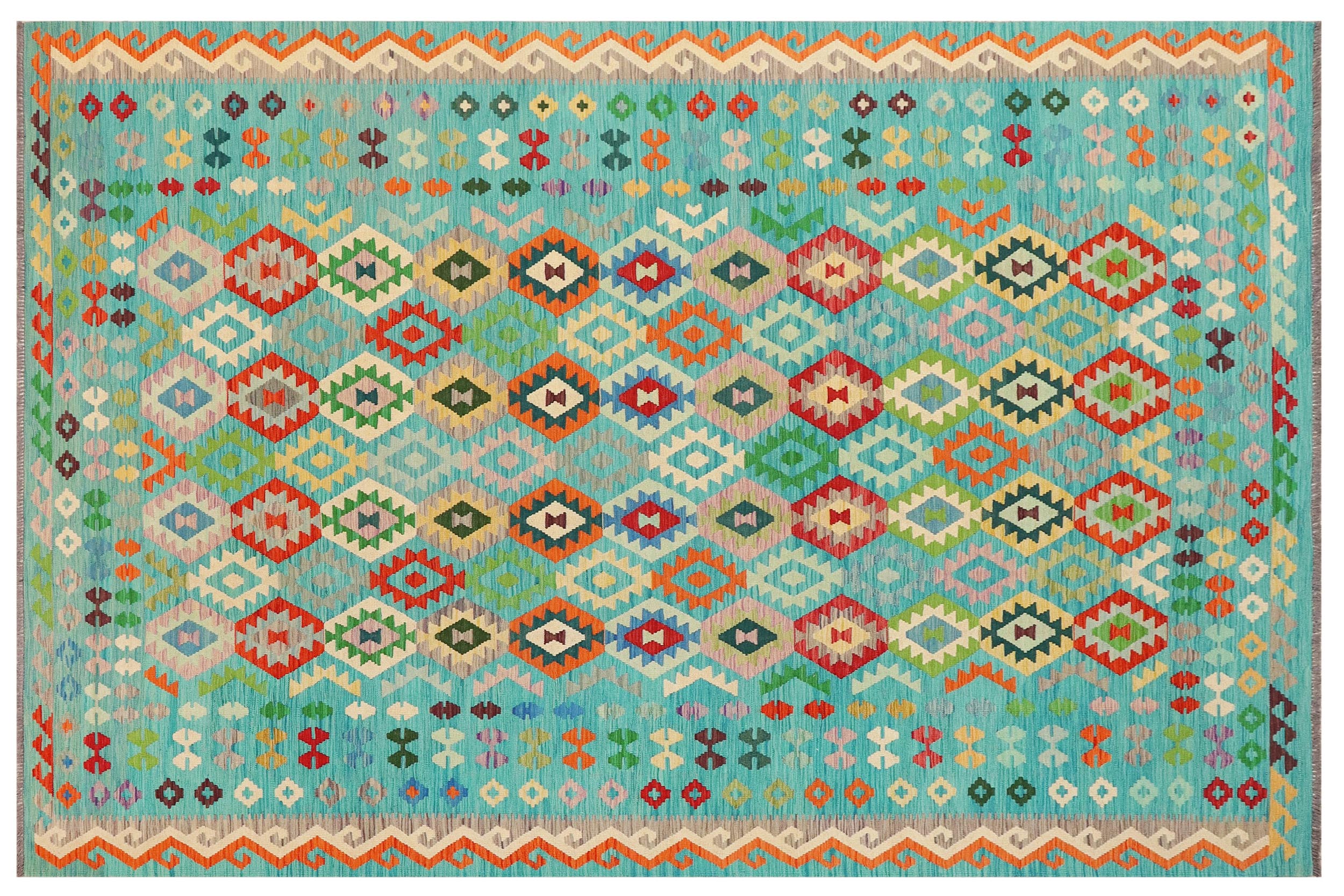 handmade Geometric Kilim Blue Red Hand-Woven RECTANGLE 100% WOOL area rug 9 x 12