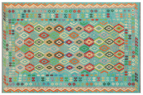 handmade Geometric Kilim Blue Red Hand-Woven RECTANGLE 100% WOOL area rug 9 x 12
