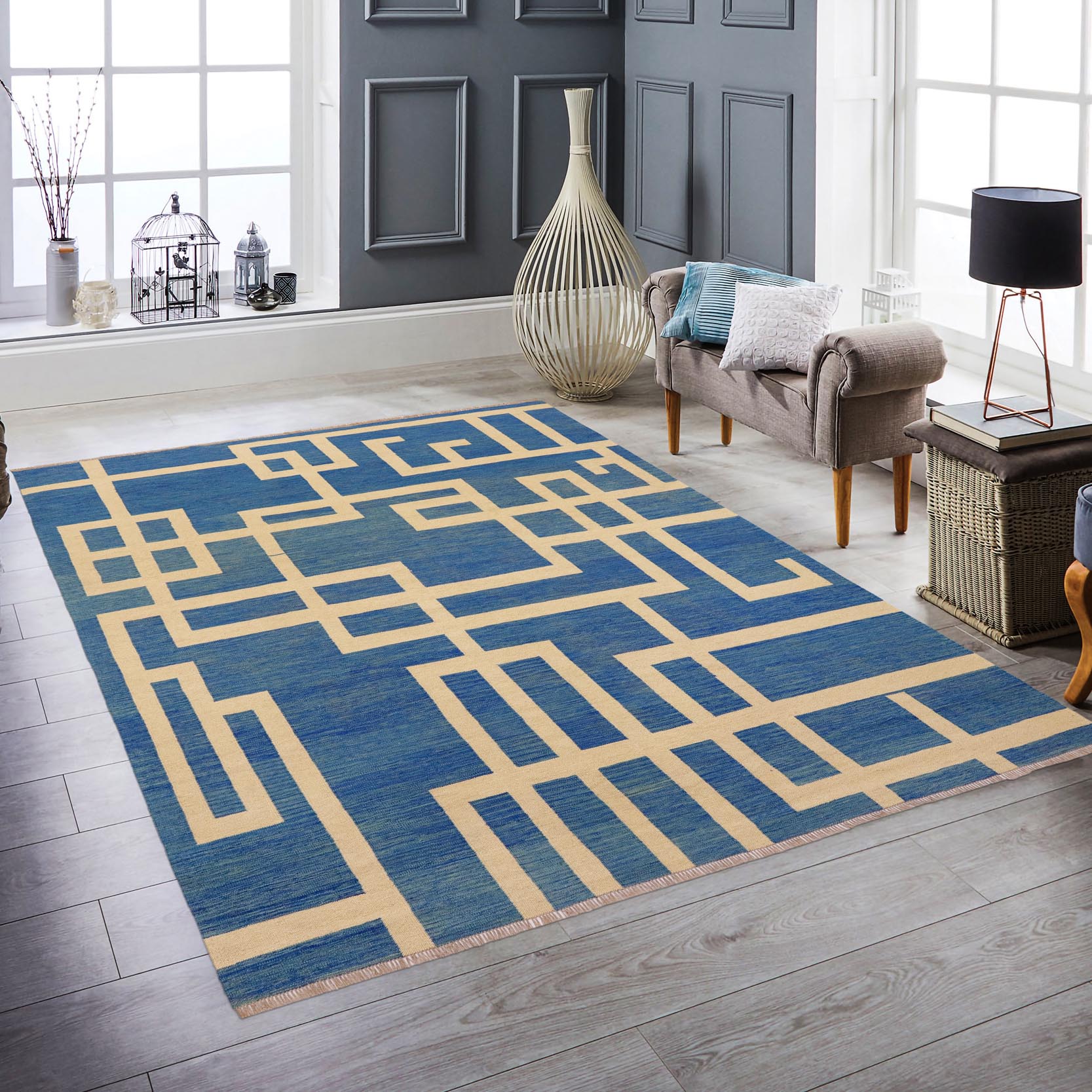 handmade Modern Kilim Blue Beige Hand-Woven RECTANGLE 100% WOOL area rug 8 x 10