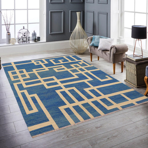 handmade Modern Kilim Blue Beige Hand-Woven RECTANGLE 100% WOOL area rug 8 x 10