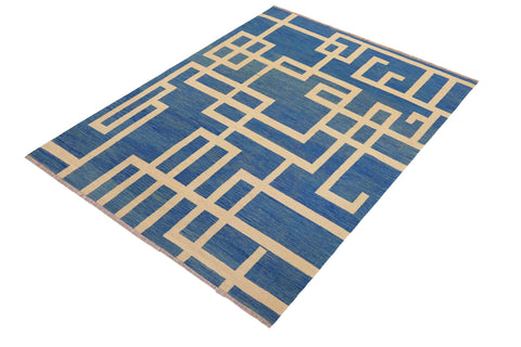 handmade Modern Kilim Blue Beige Hand-Woven RECTANGLE 100% WOOL area rug 8 x 10