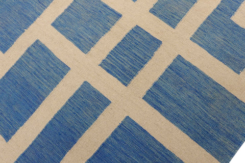 handmade Modern Kilim Blue Beige Hand-Woven RECTANGLE 100% WOOL area rug 8 x 10