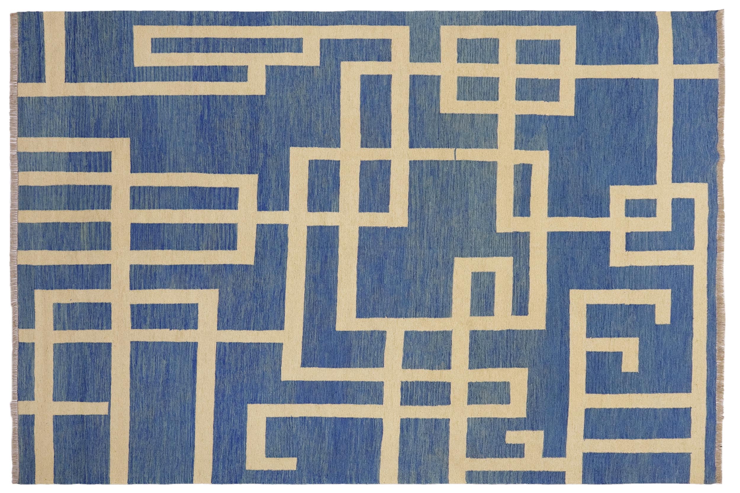 handmade Modern Kilim Blue Beige Hand-Woven RECTANGLE 100% WOOL area rug 8 x 10