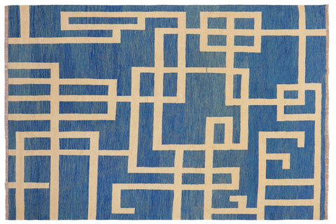 handmade Modern Kilim Blue Beige Hand-Woven RECTANGLE 100% WOOL area rug 8 x 10