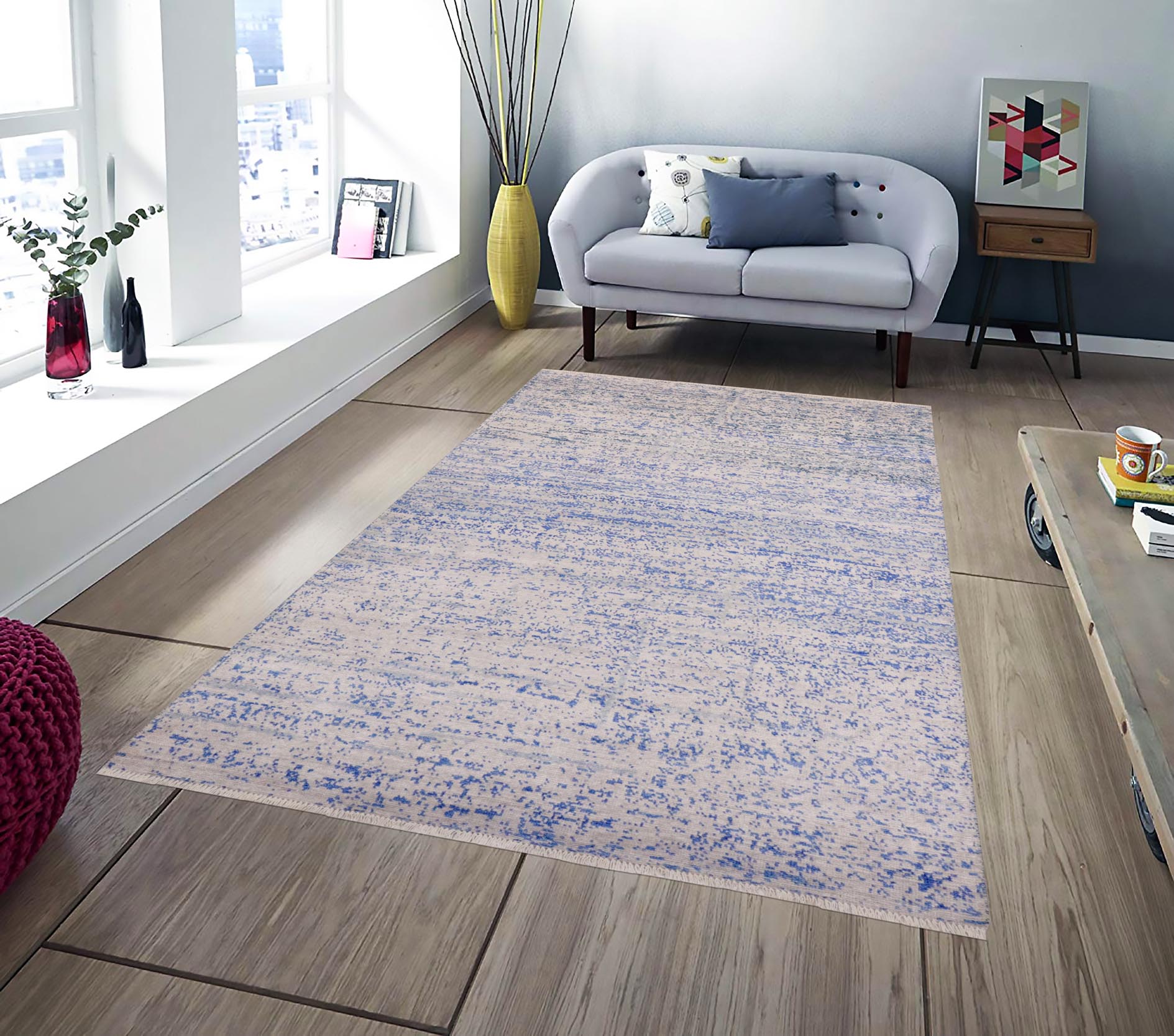 handmade Modern Modern Ivory Blue Hand Knotted RECTANGLE BAMBOO SILK area rug 5' x 8'