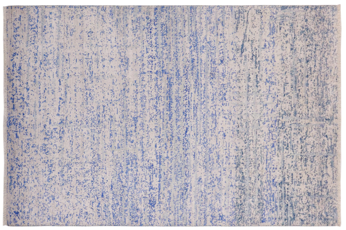 handmade Modern Modern Ivory Blue Hand Knotted RECTANGLE BAMBOO SILK area rug 5' x 8'