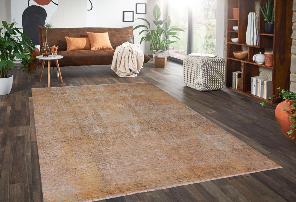 handmade Modern Modern Tan Blue Hand Knotted RECTANGLE WOOL&SILK area rug 9X12