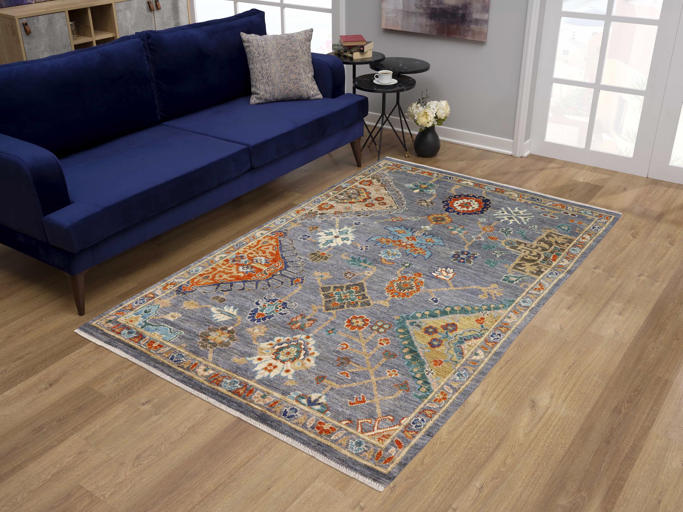 handmade Traditional Oushak Gray Blue Hand Knotted RECTANGLE 100% WOOL area rug 5' x 8'