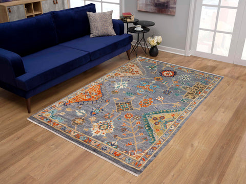 handmade Traditional Oushak Gray Blue Hand Knotted RECTANGLE 100% WOOL area rug 5' x 8'