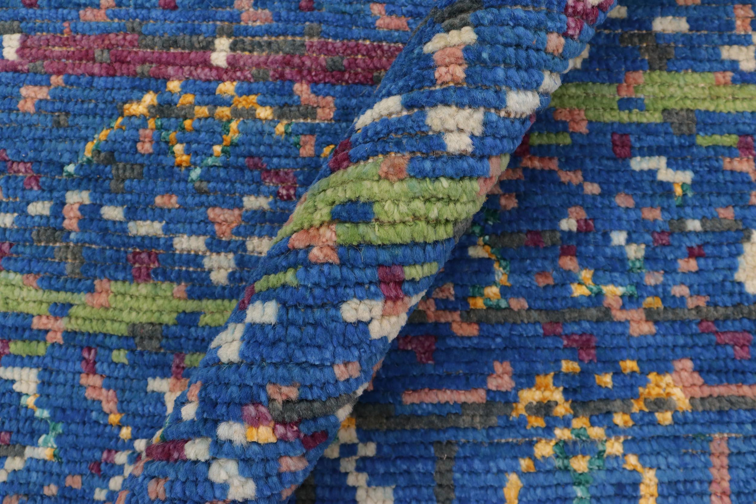 handmade Geometric Moroccan Blue Gray Hand Knotted RECTANGLE WOOL&SILK area rug 5' x 7'