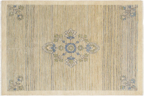 handmade Modern Kafkaz Beige Blue Hand Knotted RECTANGLE 100% WOOL area rug 5' x 6'